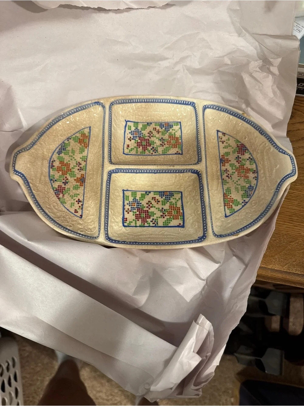 Antique Divided Serving Dish with Floral Mosaic Panels - Blue Trim